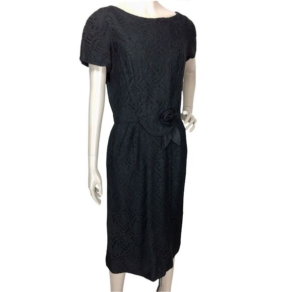 Vintage 40s 50s Lorch of Dallas Black Lace Cocktail Hostess Sheath Dress Medium - Picture 4 of 8